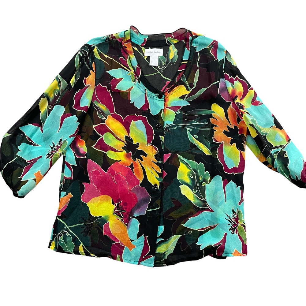 Soft Surroundings Large Semi Sheer Floral Tropical 3/4 Sleeve 100% Silk Blouse - Picture 1 of 4